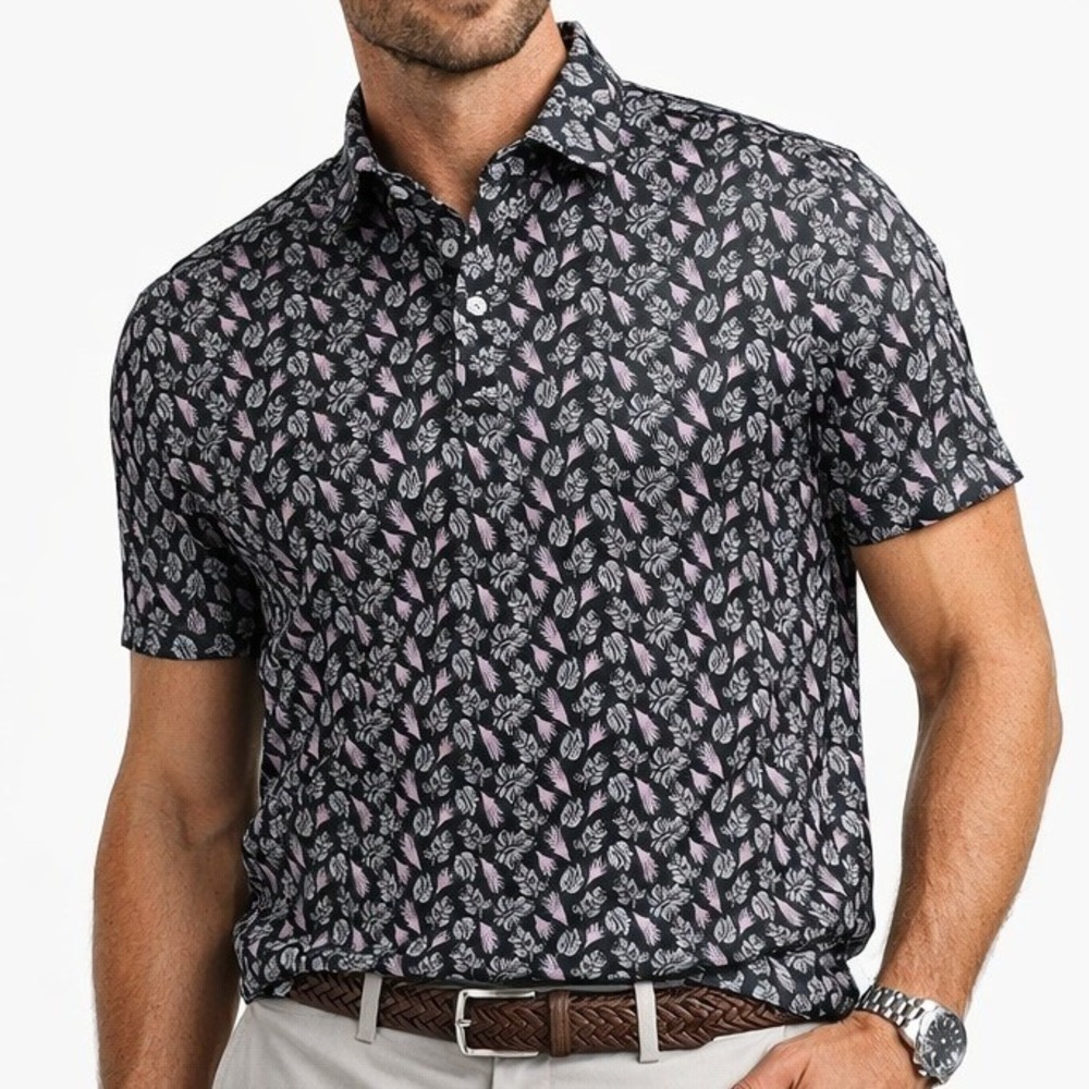 Donald Ross Sport Polo Shirt Mens XL Black Pink Tropical Leaf Golf Top Preppy